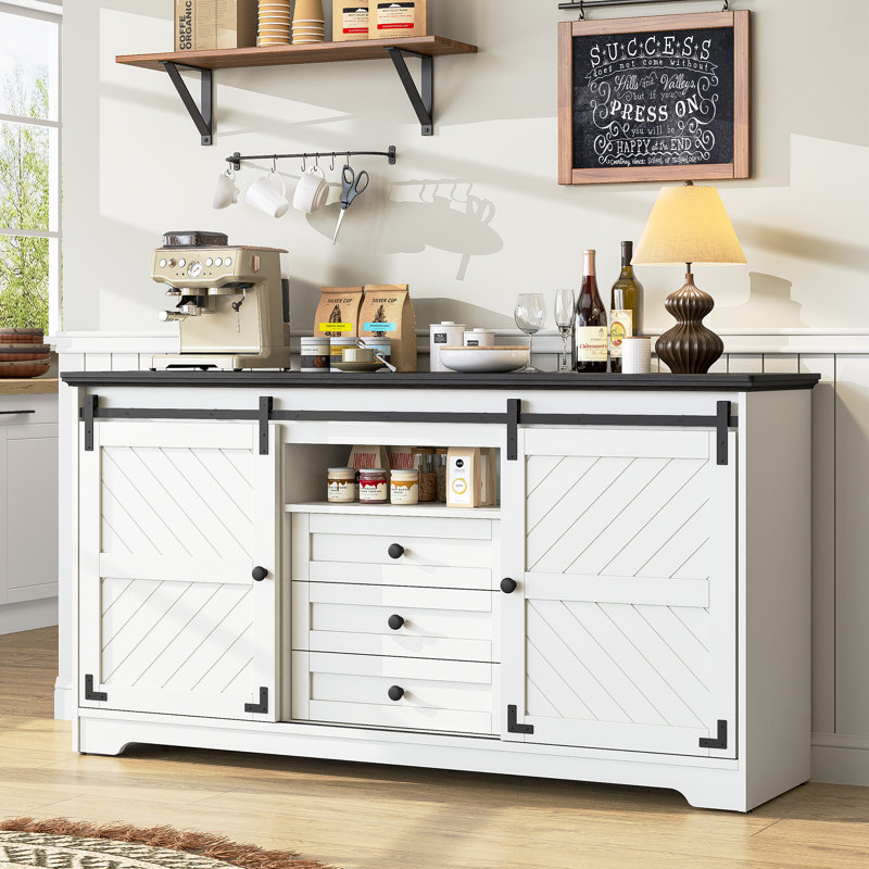 Buffet 59 po blanc avec portes coulissantes et gestion des câbles Farmhouse