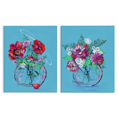 Vivid Flower Vases on Blue 2pc Canvas Set, design by Susan Lugar