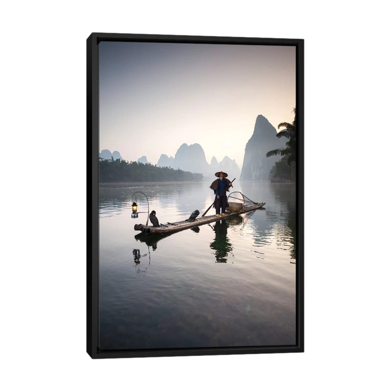 " Cormorant Fisherman, Guilin, China " by Matteo Colombo, 26" H x 18" W x 1.5" D, Black Floater Framed Canvas, No Mat