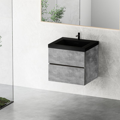 Meuble-lavabo 24 po, lavabo à sable en quartz noir, rangement gris ciment, tiroirs à fermeture en douceur, design moderne, espace, assemblage rapide, meuble-lavabo flottant avec évier, armoire de rangement, construction,