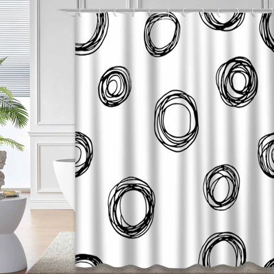 Decorative Shapes Ink Doodles White Shower Curtain with 12 Hooks