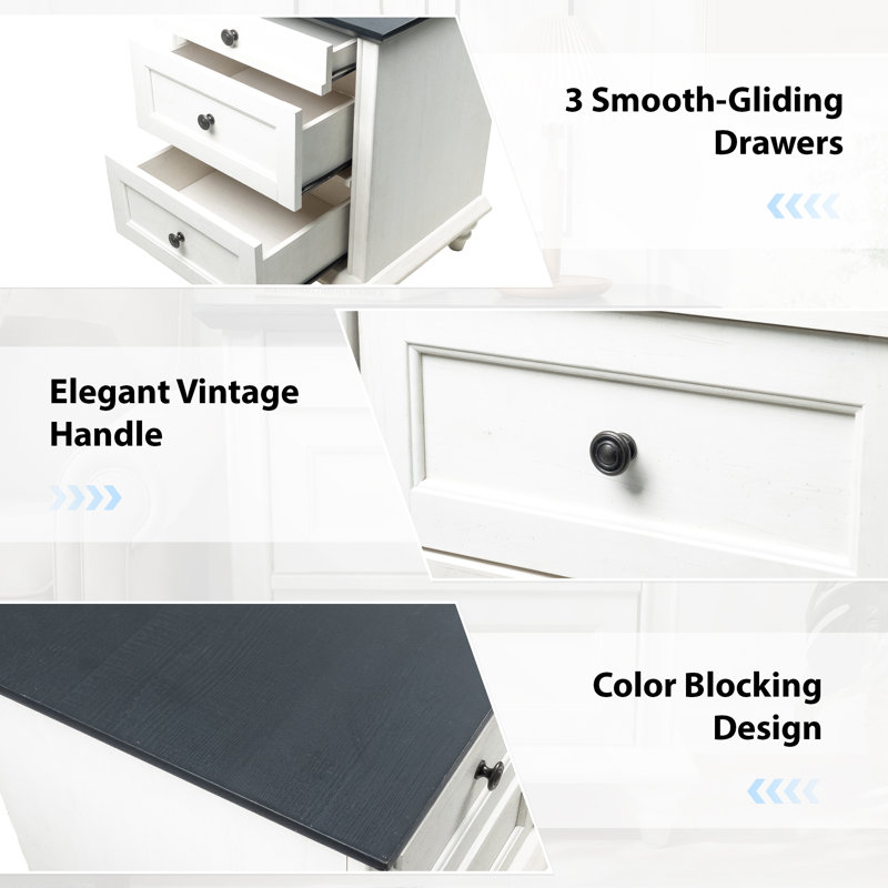 23.6" Modern Farmhouse Nightstand Solid Wood Leg Bedside Table With 3 Drawers & Large Tabletop, White