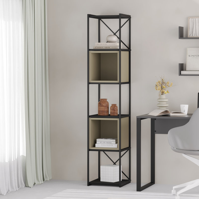 5-Shelf Slim Display Bookcase with Cross Metal Frame, Black/Ash Green