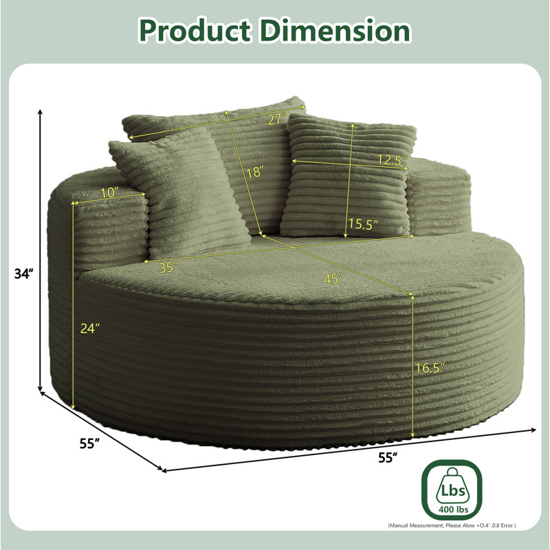 Fauteuil d'appoint 55 po à dossier arrondi en velours côtelé avec coussin, sans assemblage requis, pour le salon, Vert