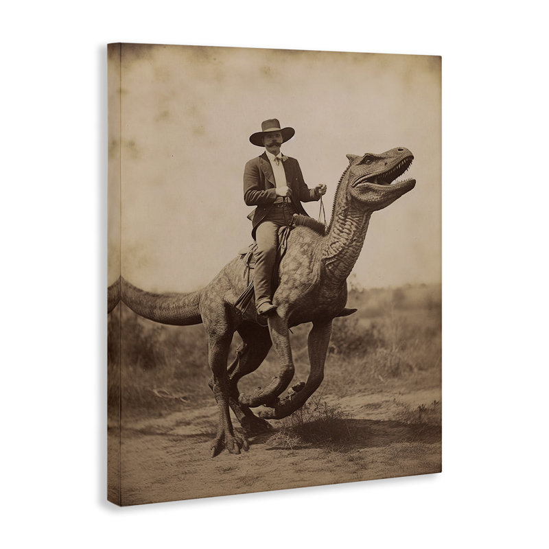«Wild West Man Riding Dinosaur», art mural par lettré et doublé, H 20 po x l 16 po