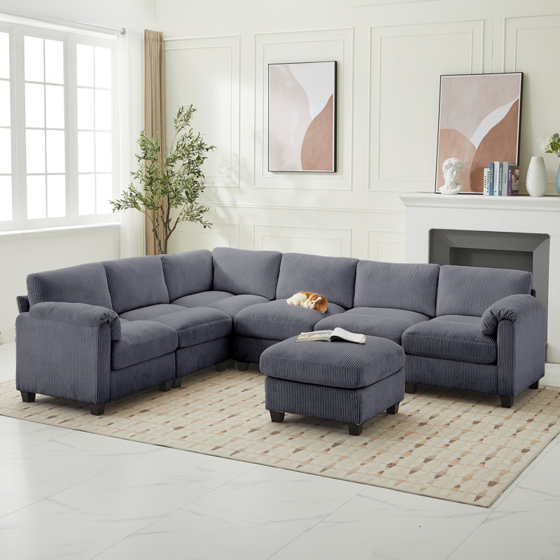 7-Piece Upholstered Corduroy Sectional, Dark Gray