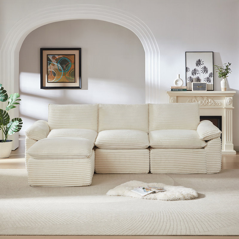 111" Wide Tufted Corduroy Comfy Cloud Couch L-Shaped Modular Sectional Loveseat Sofa with Deep Seat and Movable Ottoman