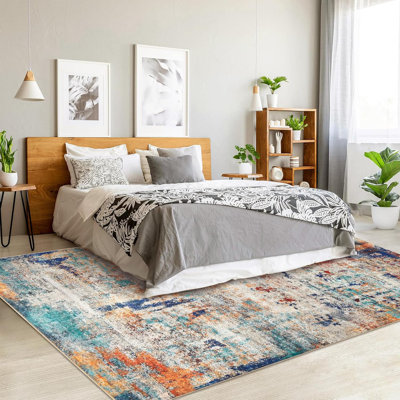 Washable Area Rugs Non-Slip Modern Abstract Soft for Living Room Entryway Bedroom, Print Pattern, Teal Blue Orange Rust Red Coloreful