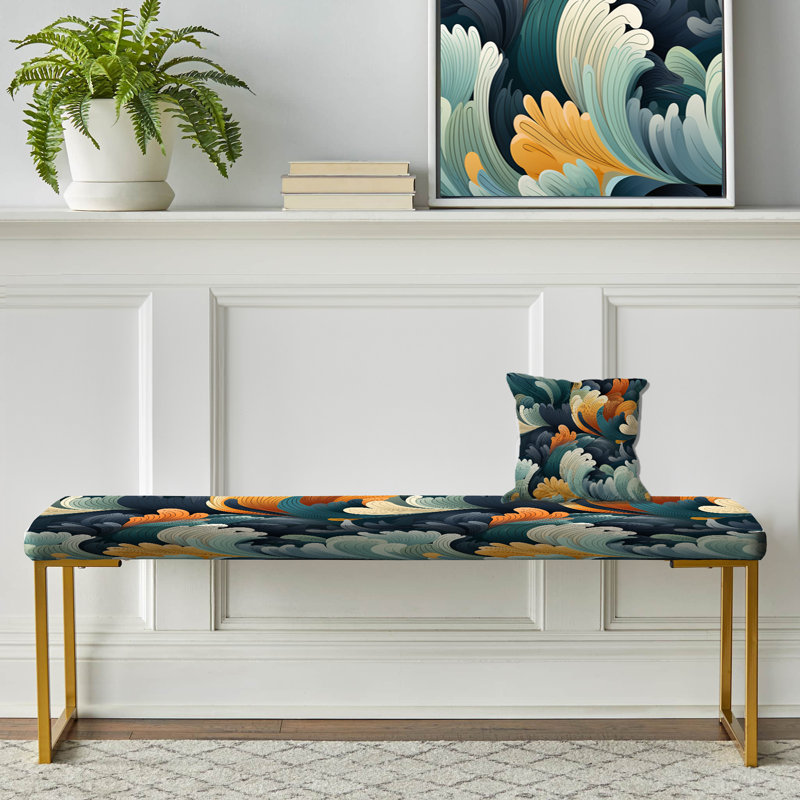 Multicolor Mindful Chaos Coastal Zen - Floral Upholstered Gold Bench
