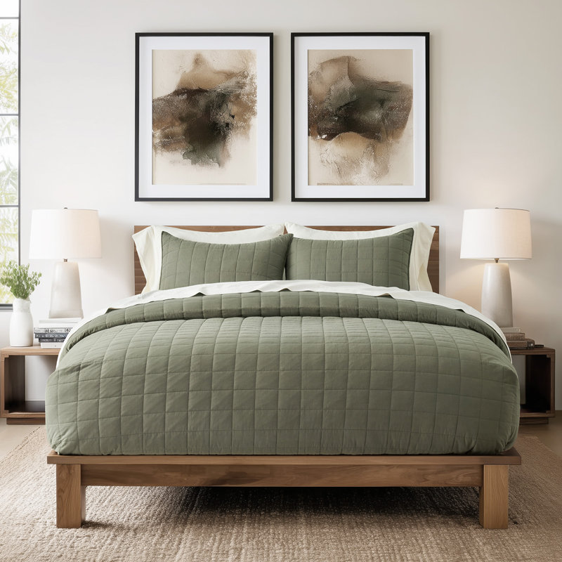 100% Cotton Box Stitch Quilt Set, Olive Green, California King Quilt + 2 King Shams
