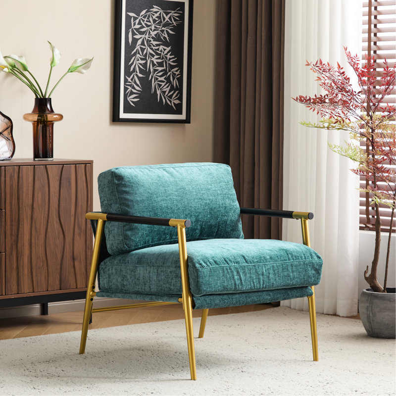 Metal Frame 27.56" Modern Accent Chair with Plush Cushions, Teal Blue Faux Leather, Gold