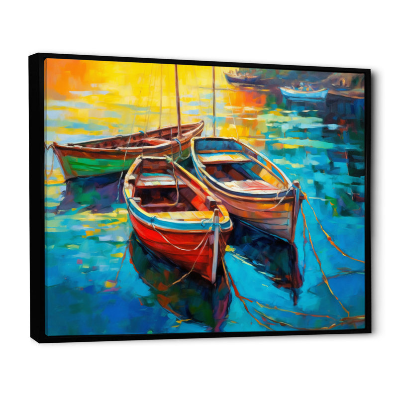 Trois bateaux dans le port I - impression sur toile Coastal Port, H 12 po x l 20 po x P 1 po, Cadre flottant noir