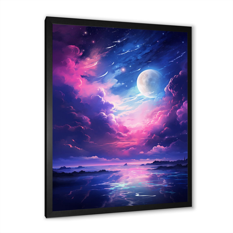 Lune en nuages mauves bleus, Cadre simple noir, H 32 po x l 16 po x P 1 po
