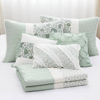 6 Piece Quilt King/ King - Dawn Cotton With Satin Pillows Embroidered Decorative