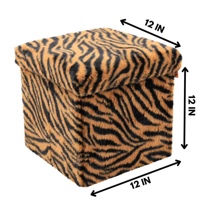 Go-Poufs Knock-Down Small Cube Faux Fur Storage Ottoman |12"x12"x12", Tiger