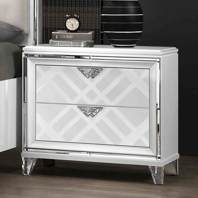 Table de chevet en bois massif blanc avec 2 tiroirs à bijoux dissimulés, pattes en acrylique, décoration contemporaine pour