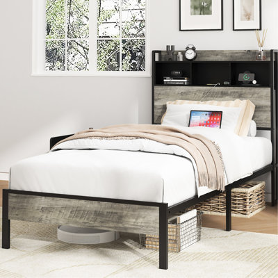 Single Bed Frame With Head Storage And A Central Charging Point, Gray Wood Tone, Metal Structure, Quick Assembly For Bedroom Setup - End Station, Tone Frame, & Build, Room