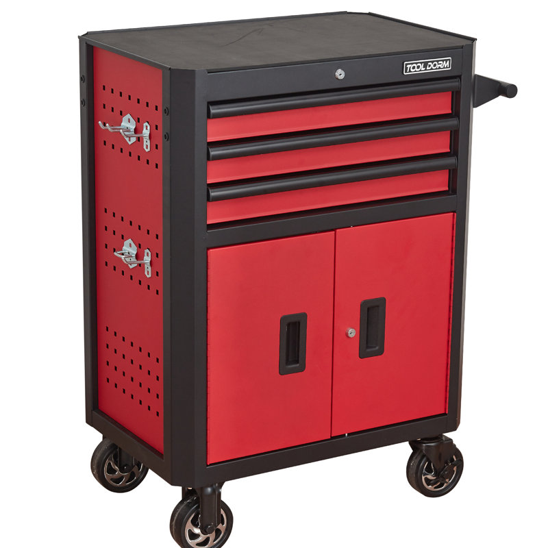 28 - Inch 3 Drawer Rolling Tool Chest In Black And Red, Featuring Wheels Locking For Workshop Organization On Wheels, With Liners System Garage Storage