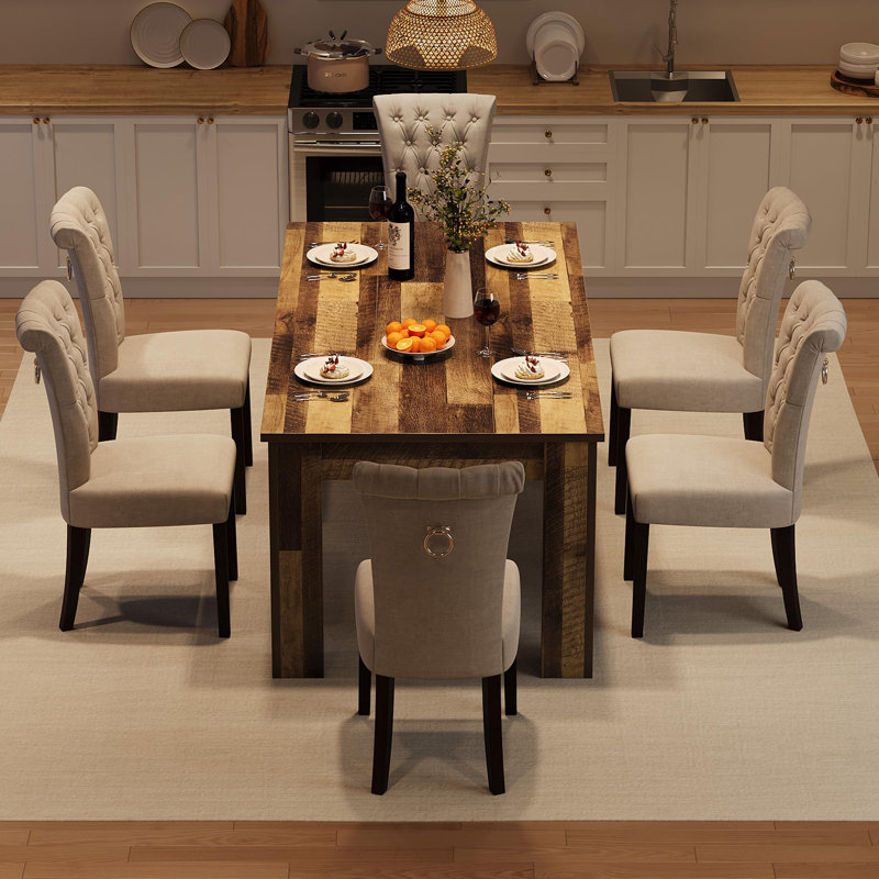 Table de cuisine de 63 po pour 4 à 6 personnes, table de salle à manger de ferme avec structure épaisse et pieds triangulaires, base en bois robuste