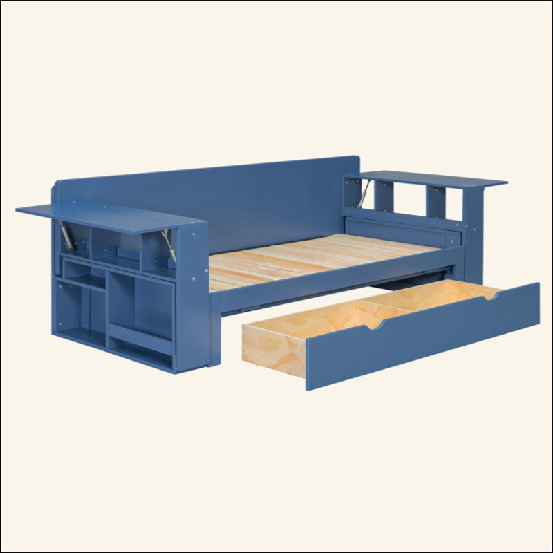 Lit de jour avec bureau amovible, tiroirs de rangement et table d'appoint hydraulique, Grand lit, Bleu
