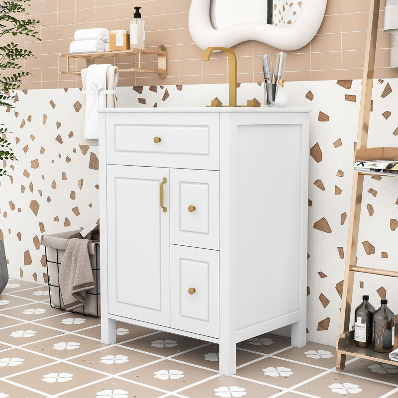 Meuble-lavabo contemporain en bois avec lavabo en céramique de qualité supérieure, porte à fermeture en douceur et grand espace de rangement