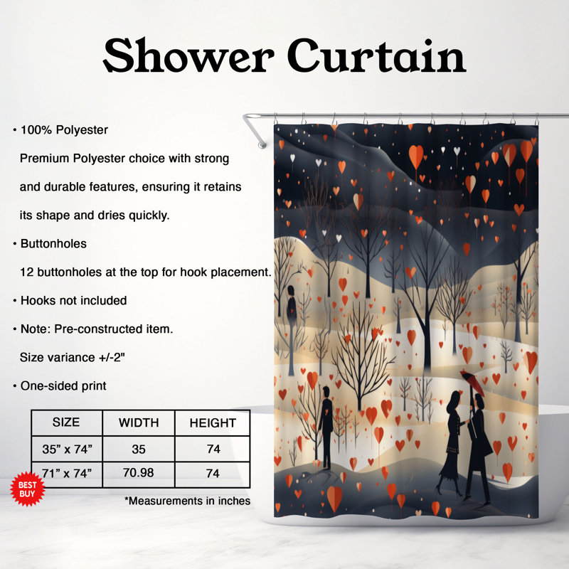 Hugges Art - Rideau de douche Premium, H 74 po x l 71 po