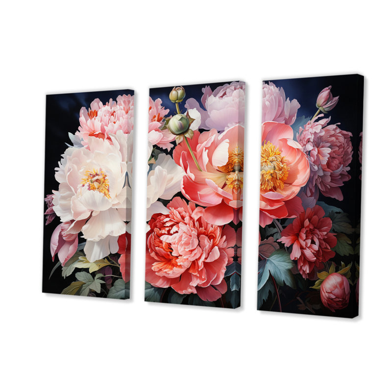 «China Art Peony Bouquet» sur toile, reproduction de 3 pièces, H 40 po x l 60 po x P 1 po