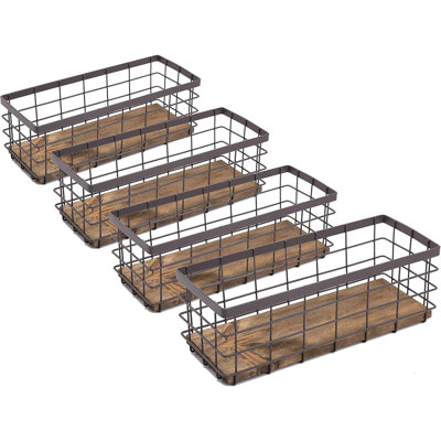 Small Metal Wire Storage Baskets 4-Pack With Detachable Wood Base For Kitchen & Bathroom