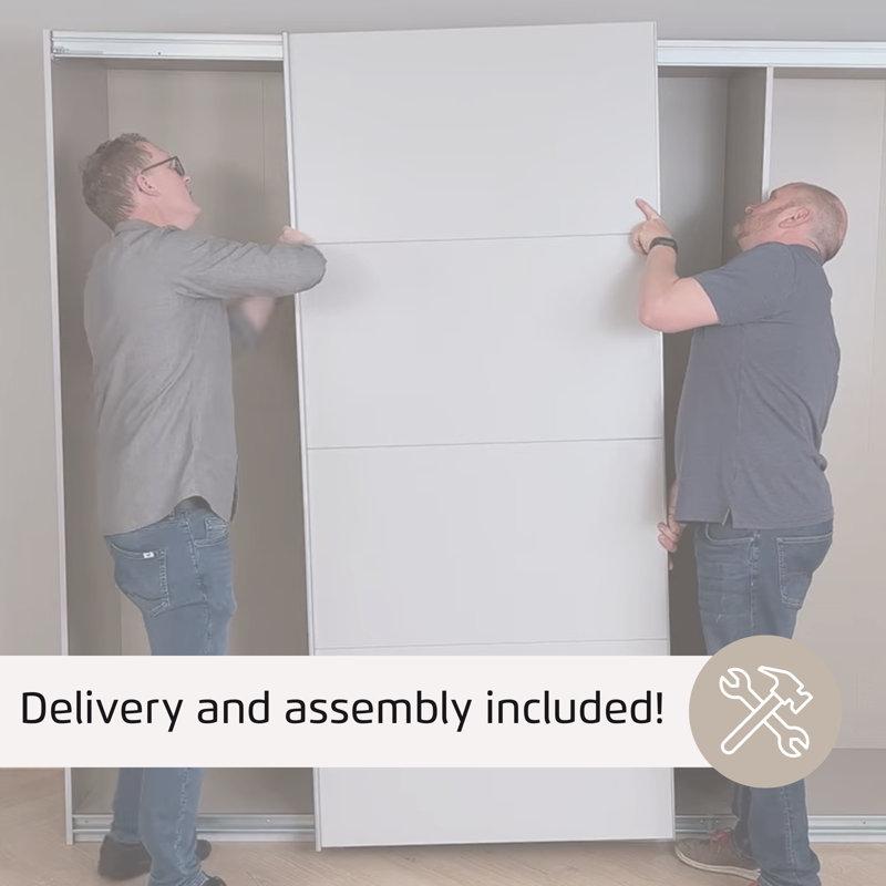 Loriga  2 Sliding Door Wardrobe 175-218 cm front with White Glass INCL. Delivery and Assembly, 210cm H x 218cm W x 59cm D