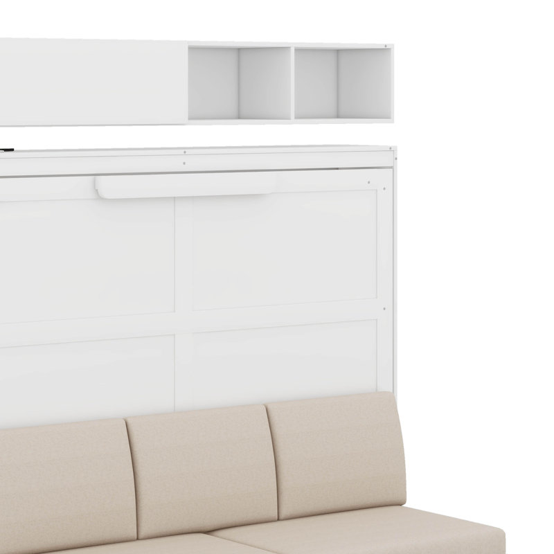Lit escamotable mural Murphy avec canapé, tablettes, USB et lumière, Blanc, Lit double