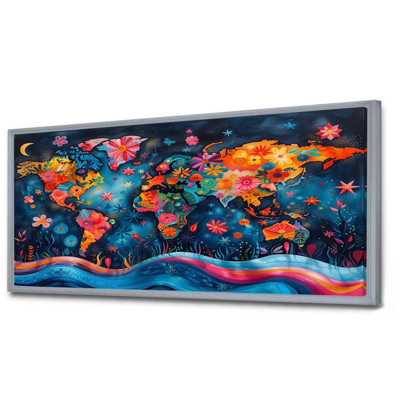 Orange, carte du monde abstrait bleu - carte du monde, art mural salon, Encadrement argenté, H 28 po x l 60 po x P 1,5 po