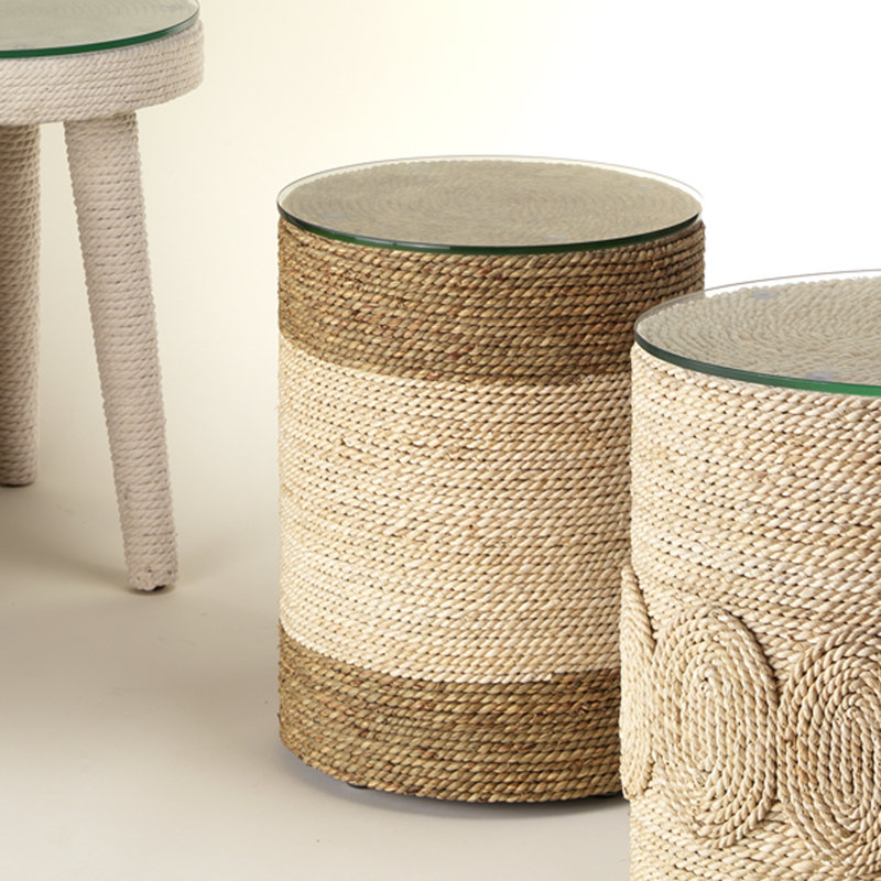 Multi-Tone Seagrass Drum Side Table with Glass Top
