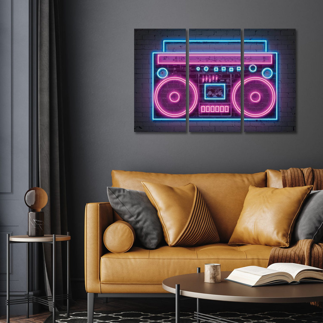 Boombox Neon von Octavian Mielu - Leinwanddruck ohne Rahmen, Galerie-gewickelt, Giclée auf Leinwand