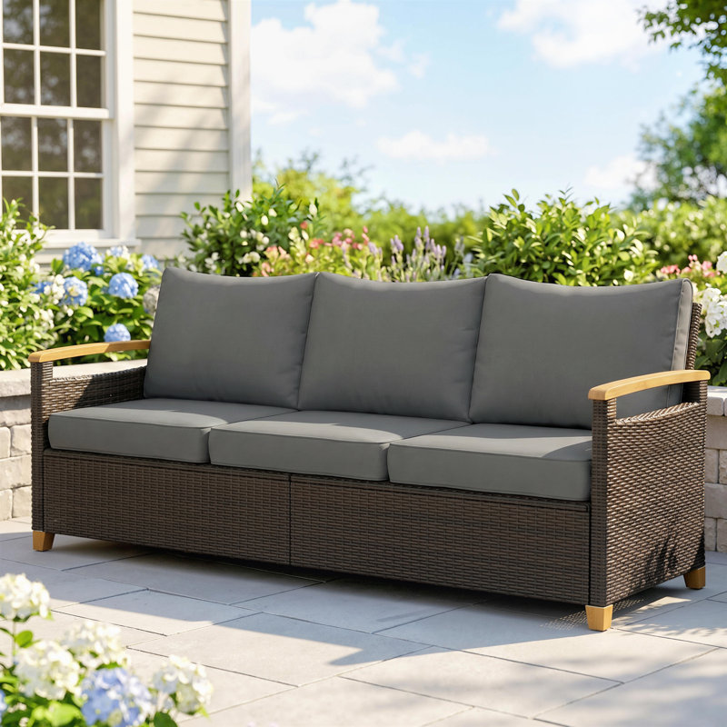 Canapé d'extérieur 3 places en résine tressée PE avec coussins de 10 cm, gris, Gris
