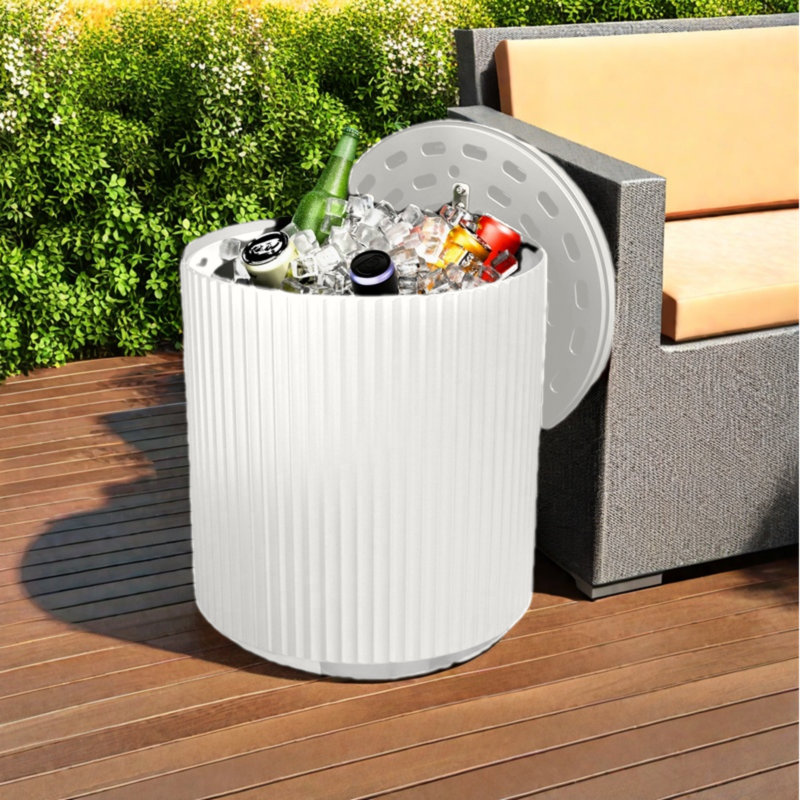 Ensemble de tables d'appoint 2 pièces pour refroidisseur d'extérieur polyvalent, seau à glace 2 en 1 et barre de boissons pour patio, bord de piscine et pique-nique, blanc