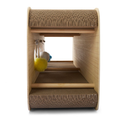 Maison de grattage pour chat 2 en 1 courbée, tunnel de grattage pour chat en carton réversible, maison de lit pour chat à cadre en bois pour chats d'intérieur