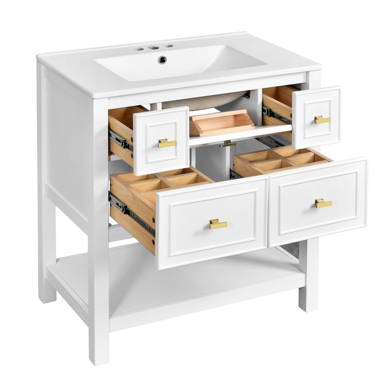 Armoire de salle de bain moderne 30 po - lavabo en céramique, bois massif, 5 tiroirs, meuble-lavabo blanc avec cadre en bois