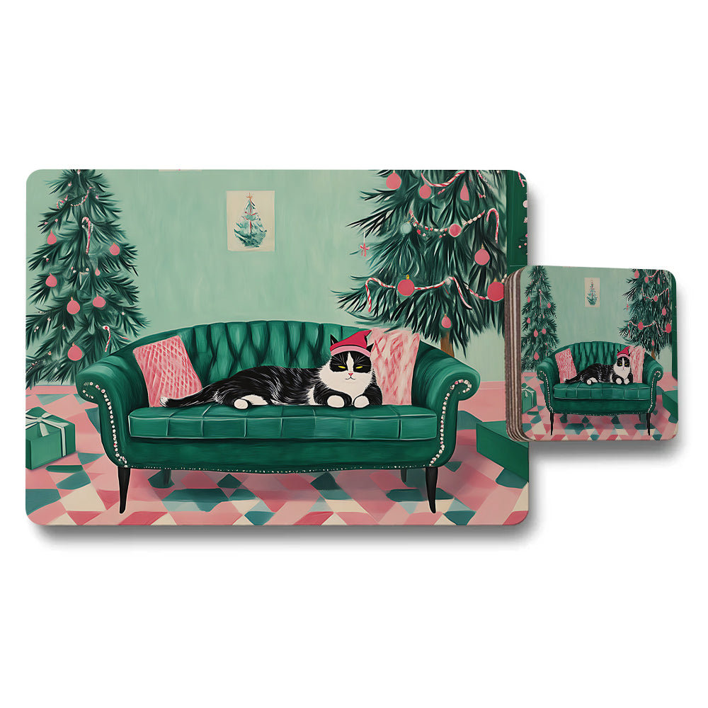 Christmas Cat Sofa Placemat and Coaster Set With Festive Trees