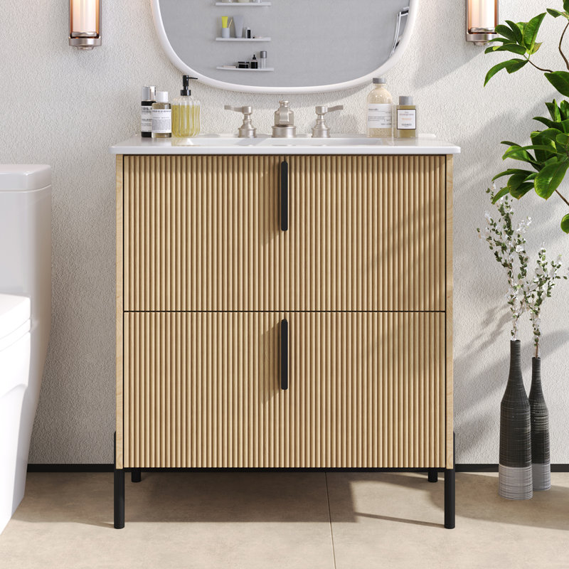Meuble-lavabo 30 po avec lavabo en céramique et tiroirs pleine extension, Naturel