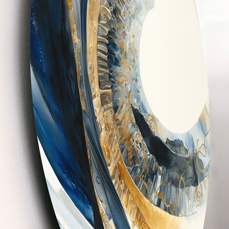 «Blue and Gold Swirl Abstract IV - Abstract Spirals», art mural rond sur métal, L 23 po x H 23 po