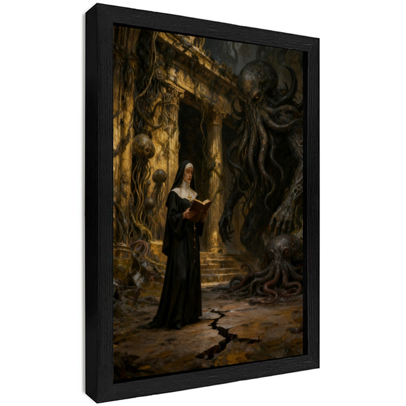 Reproduction d'art encadrée noire rétro «The nun and the octopus Sea Monster», H 11 po x l 9 po