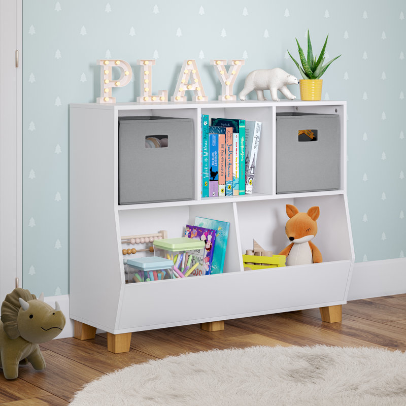 RiverRidge Kids Catch-All Playroom 35in Toy Storage Organizer with 3 Cubbies and 2 Storage Compartments, Light Woodgrain