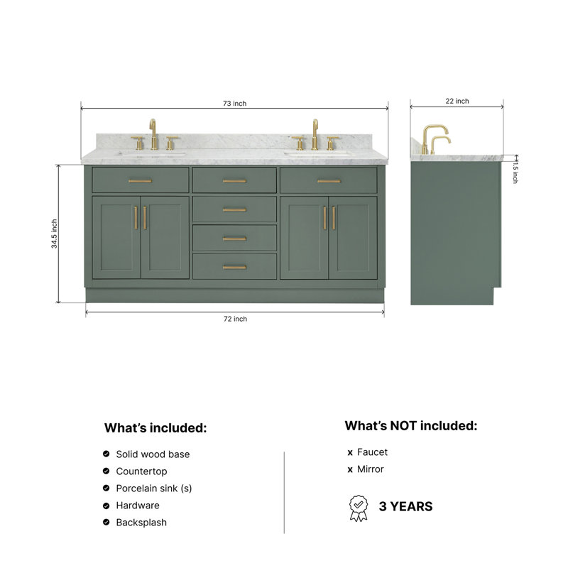 ARIEL HEPBURN 73 IN DOUBLE RECTANGLE SINK VANITY 1,5 IN, 73", Rectangular, Vintage Green
