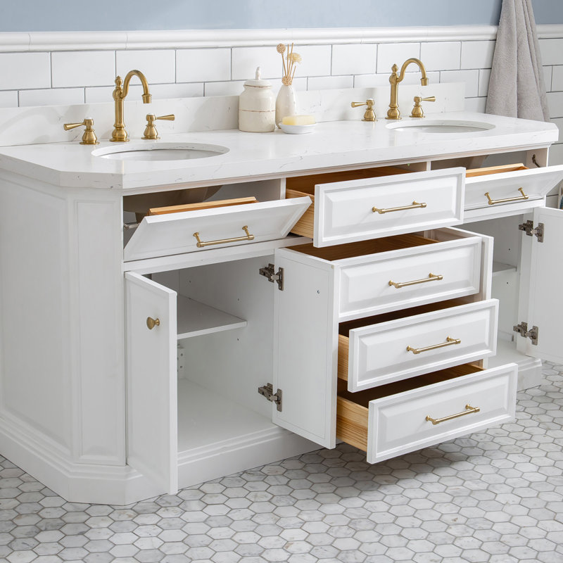 Ensemble de meuble-lavabo double 72 po Bruning, Blanc pur, Laiton satiné
