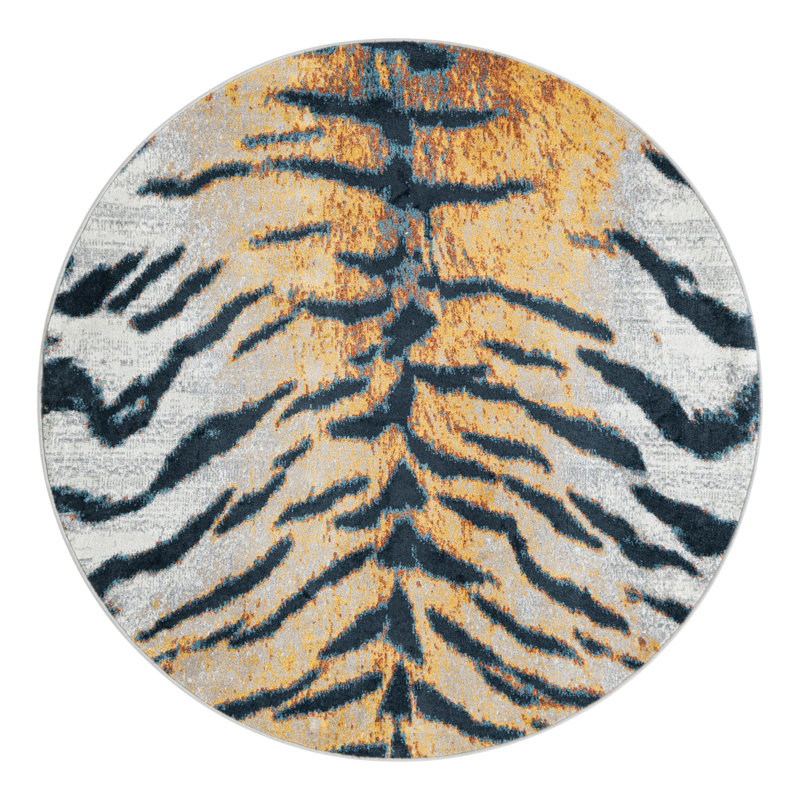 Tapis brun clair en polyester tissé à la machine Aanya, Rond 5 pi 3 po