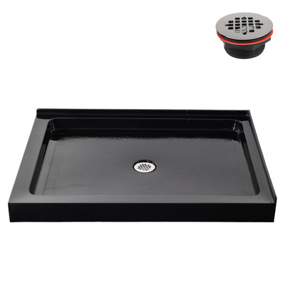 Base de douche 48 po x 36 po en acrylique noir brillant avec drain central, drain inclus