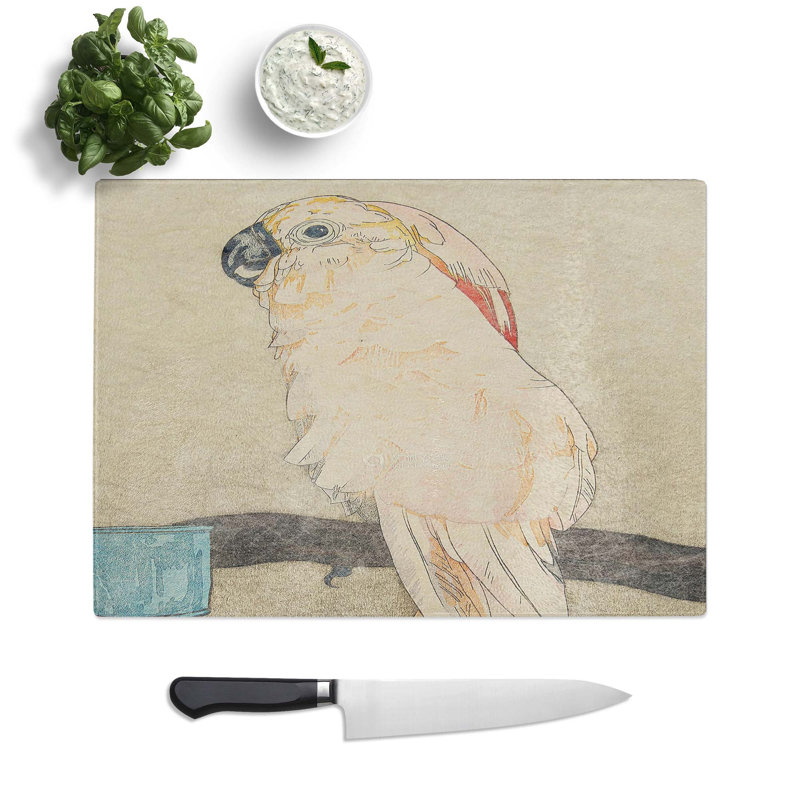 Tempered Glass Obatan Parrot by Hiroshi Yoshida Chopping Board, 39 cm W x 28.5 cm L
