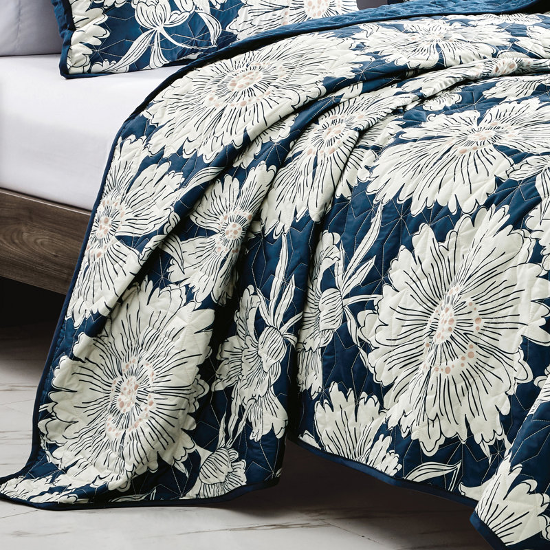 King Size Blue and White Floral Polyester Bedspread Set