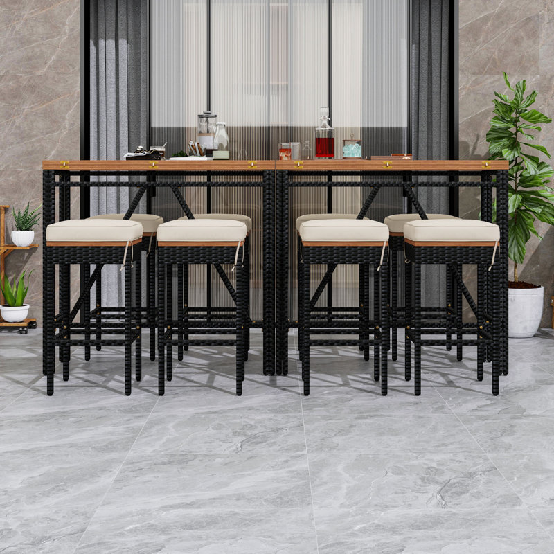 Ensemble de table de salle à manger 10 pièces en osier avec table pliante en bois d'acacia et tabourets rembourrés