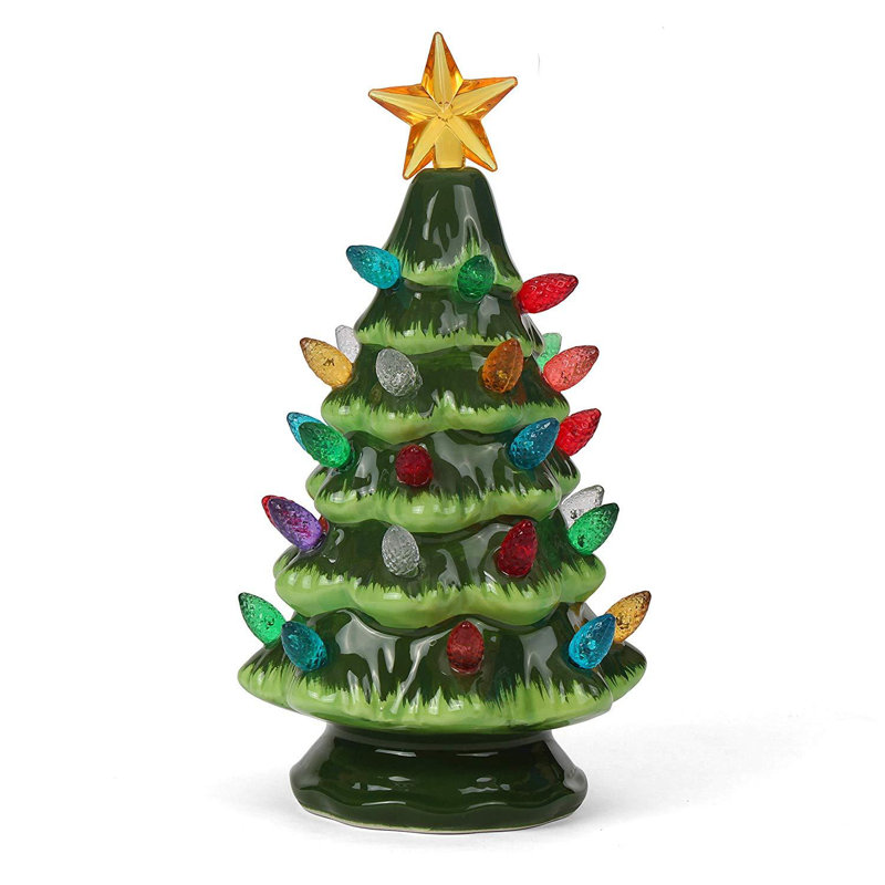 6.75" Green Ceramic Christmas Tree with Multicolored Lights